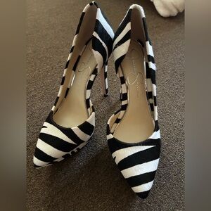 Jessica Simpson Black and White Zebra-Print D'Orsay Pointed-Toe Heels